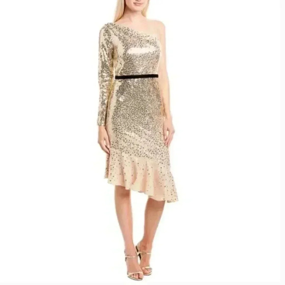 NWT Marchesa Notte Gold Sequin Ruffle Asymmetric One Shoulder Cocktail Dress 6 - Picture 2 of 9